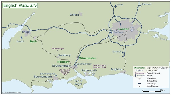 Map showing Winchester and closest airports